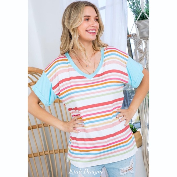 ❤️LAST! V Neck Super Soft Jersey Knit Multi Stripe Ruffle Sleeve Top! - Picture 9 of 11